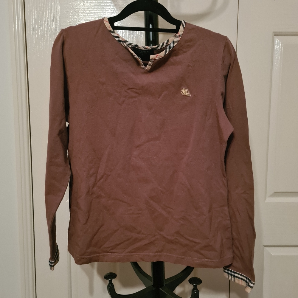 BURBERRY london Womens Tops Brown Fits 8-10 Roundneck Longsleeves Bodyfit Blouse - Picture 1 of 6